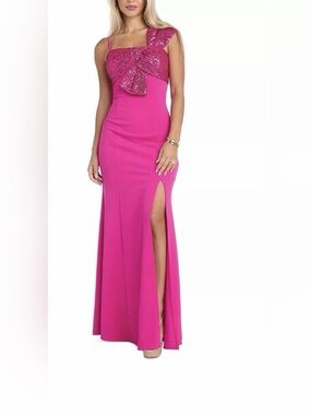 Morgan & Co. Fuchsia Pink Sequin Bow Maxi Square Neck Dress with High Side Slit